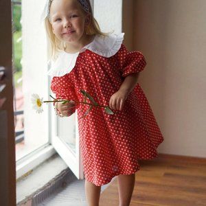 Red and white polka baby dress with big collar